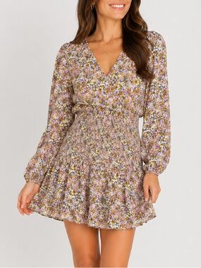 Storia Floral Smocked Waist Long Sleeve Mini Dress Size M Cottagecore Boho